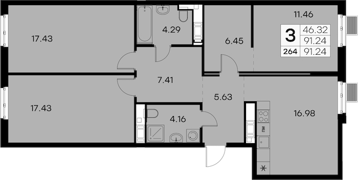 3-комнатная квартира 91.24 м², 3/7 эт., ЖК «Glorax City Балтийская»